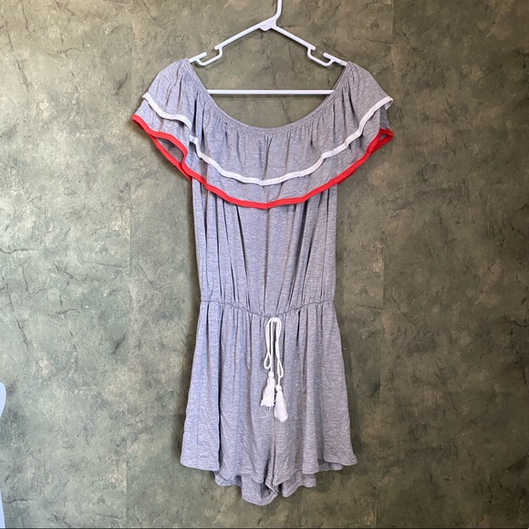 Sun N Moon Grey Red Trim Off Shoulder Romper - Picture 2 of 8